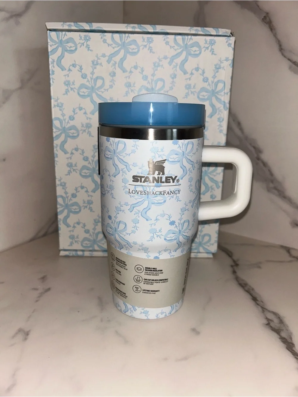 20 oz LoveShackFancy Stanley Travel gift box set Blue & White Ribbon - Picture 2 of 3